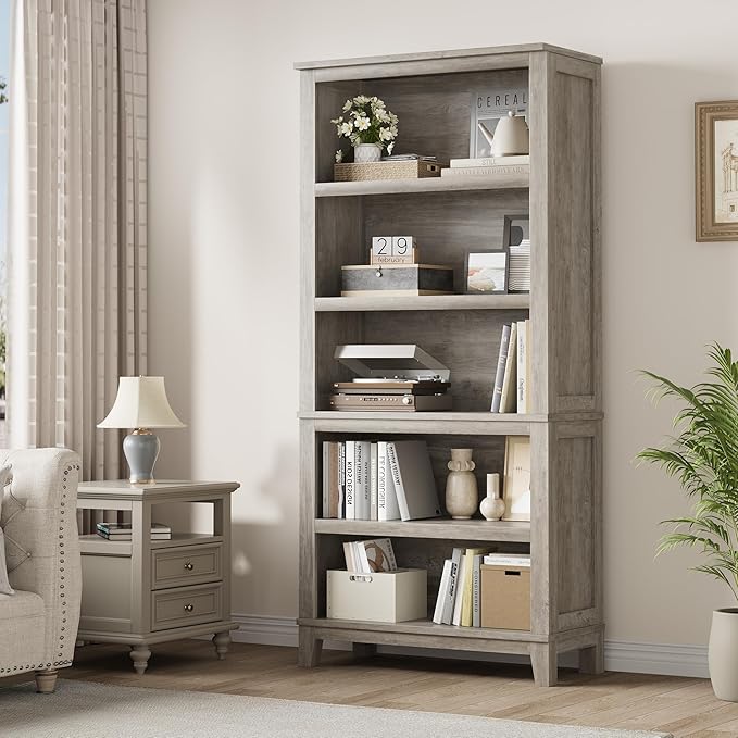 IDEALHOUSE 71" Farmhouse Bookshelf w/Adjustable Shelves & 31.5 in Whidth, 5 Tier Tall Bookshelf with Wooden Legs, Vintage Wooedn Book Shelf for Living Room Office (Gray, 71.3" H x 31.5" W x 11.8" D)