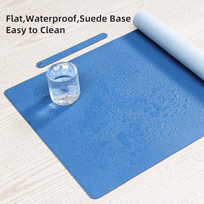 Wolaile Faux Leather Desk Pad Blotter,Water and Slip Resistant Writing Desk Protector Mat,Blue Large Mouse Pad for Desktop/Office Home Table Cover,36x17 in