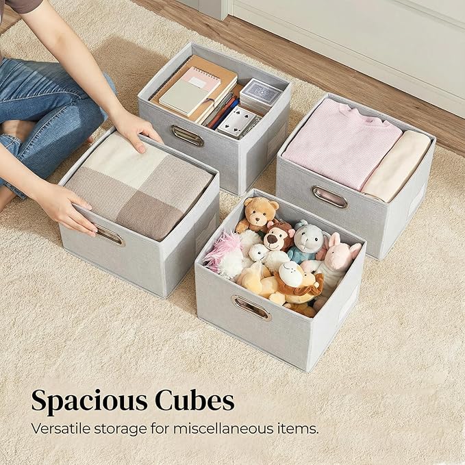 PRANDOM Storage Bins with Lids [3-Pack] Linen Fabric Foldable Storage Boxes Organizer Containers Baskets Cube with Cover for Bedroom Closet Office Beige（11.4X8.6X6.7