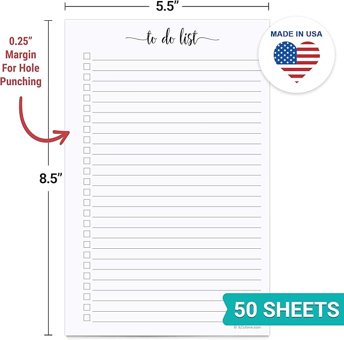321Done To Do List Notepad for Planner Refill Pages – Made in USA - 50 Sheets (5.5x8.5) To-Do's Tear Off, Planning Memo Pad, Checklist Notes Left Hole Punch Margins - Simple Script College-Ruled