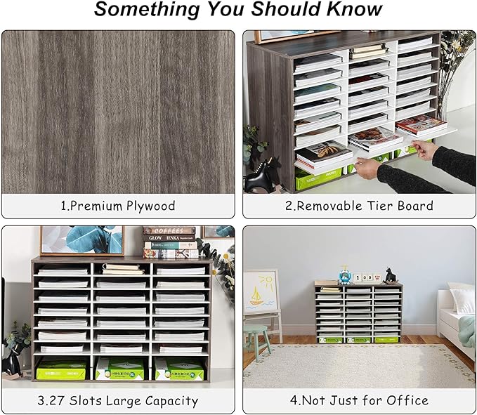 TQVAI Wood Literature Organizer, 27 Slots Hold 13500 Sheets A4 Papers, Wooden Desk File Paper Storage Organizer with Adjustable Shelves, Mailbox Cubbies for Office Home Classroom, Retro Grey/White