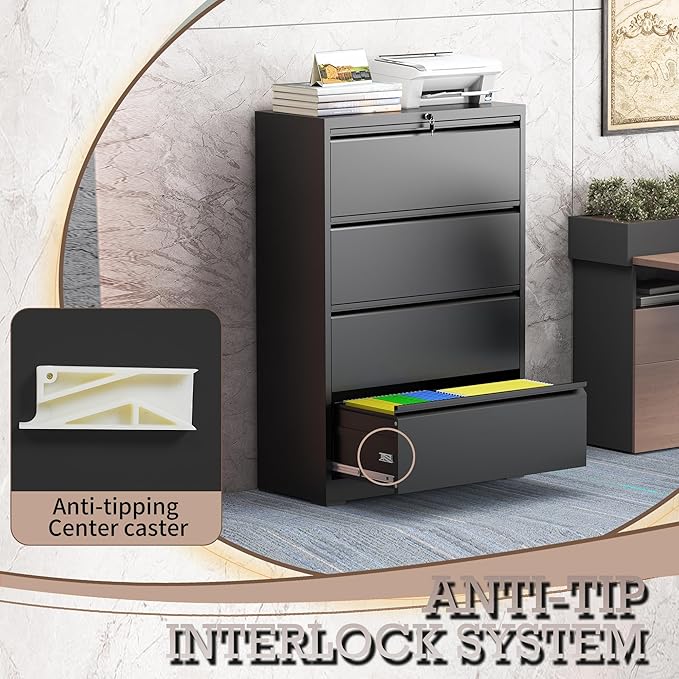 mysteeldepot 4 Drawer Lateral File Cabinet with Lock, Metal File Cabinet, Lateral File Cabinets for Home Office, Heavy Duty File Storage Cabinet for Legal/Letter/A4 Document, Assembly Required, Black