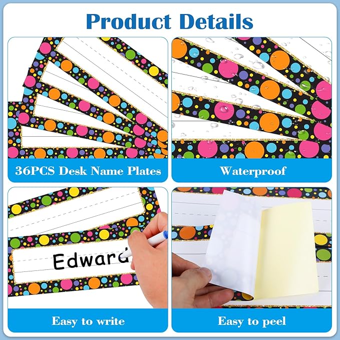 PETCEE Name Tags for Classroom Desks - 36Pcs Watercolor Dots Name Plates for Desks Confetti Name Plates for Kindergarten Preschool Classroom Back to School Teacher Supplies Must Haves