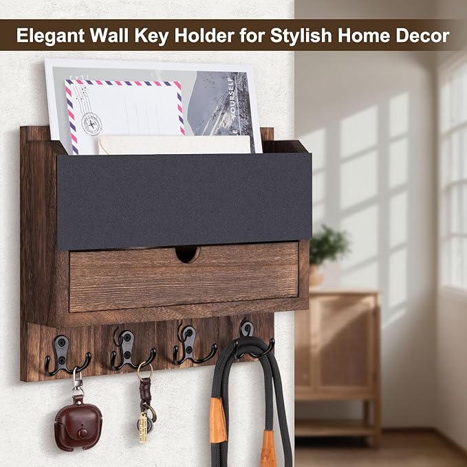Lucundm Mail and Key Holder Wall Mount with Storage Drawer – Modern Wooden Mail Organizer for Wall Entryway, 7 Key Hooks & Chalkboard Panel – Stylish Home Decor for Apartments, Living Room, Office