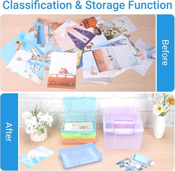 COSICS Photo Storage Box 4" x 6", Extra Large Transparent Plastic Photo Organizer Craft Keeper with 6 Colorful Inner Case for Cards, Pictures, Stamps, Stickers, Seeds, Office Supplies