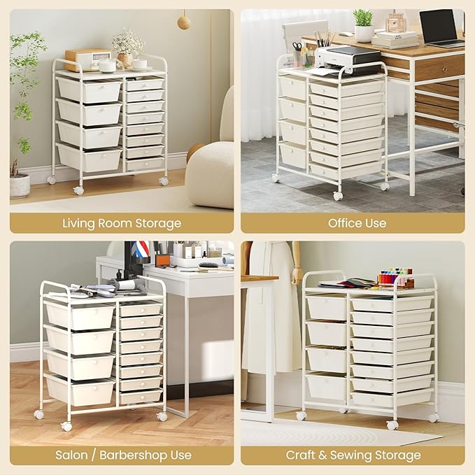 Giantex 12 Drawer Rolling Cart with Drawers, Storage Organizer Cart for Classroom Office School Teacher, Mobile Drawer Cart for Tools, Crafts, Small Printer, Ivory