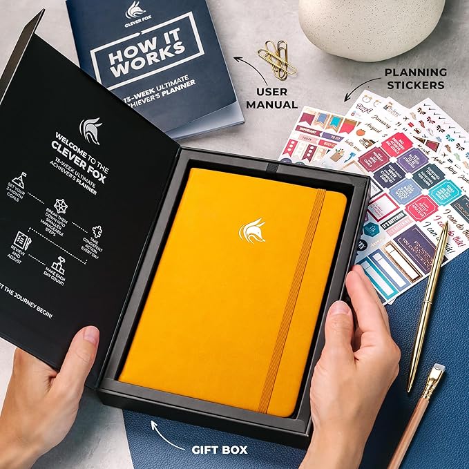 Clever Fox Ultimate Achiever’s Goal Planner - Focus & Productivity 90 Day Journal. Undated Daily Weekly Monthly Planner Organizer & Hourly Schedule Notebook - Hardcover, A5 Size, Amber Yellow