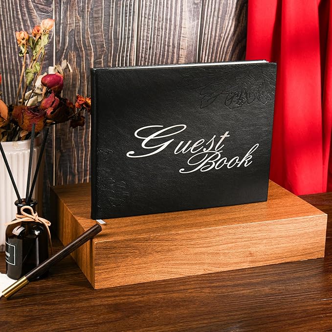 Black Leather Wedding Guest Book,Polaroid Guest Book for Vacation Home,Wedding Reception,Funeral,Party,Memorial Service,10.3x8'' Embossed Silver Guestbook,House Visitor Guest Sign in Book with Pen