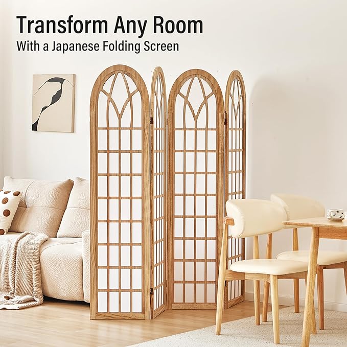 ALeesing Folding Room Divider Privacy Screen Freestanding 4-Panel Shoji Style Wooden Frame Decorative Partition Wall for Bedroom Office Apartment Natural