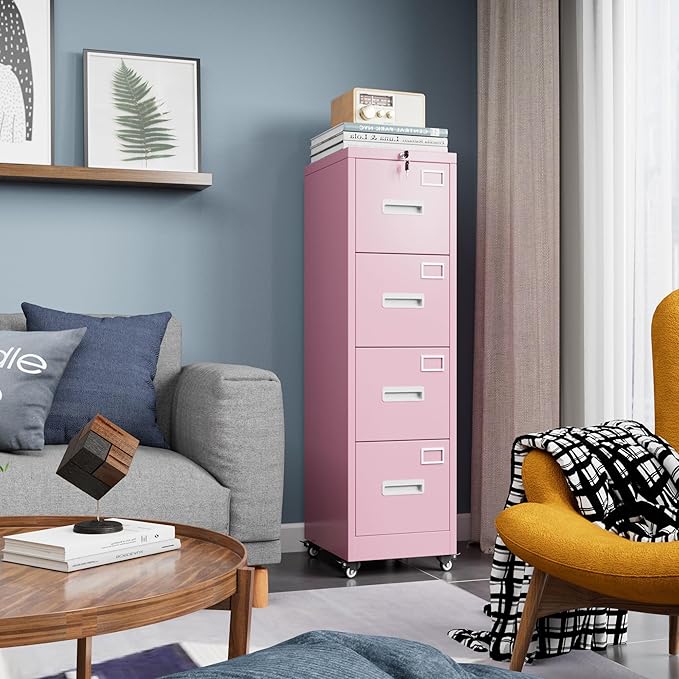 METAN 4 Drawer File Cabinet on Wheels, Lockable Metal Filing Cabinet with Handle and Name Card for Office Home,Assembly Required,Pink