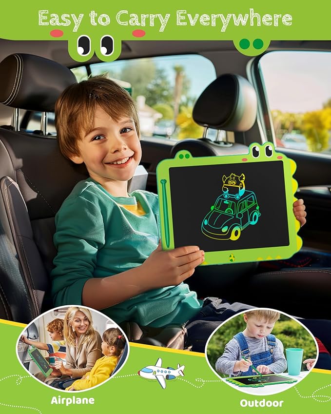 Kikapabi LCD Writing Tablet for Kids, 12 inch Dinosaur Doodle Board Toys Gifts for Boys Girls Age 3 4 5 6 7 Year Old, Mess-Free Drawing Pad Portable Learning Travel Toy Birthday Christmas Gift Green