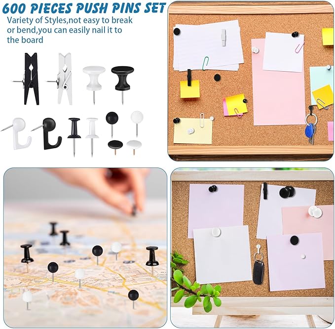 600 Pcs Decorative Push Pins, Black White Thumb Tacks 6 Types Cute Push Pin Clips for Bulletin Board Wall Cork Board Colorful Classroom Decor Teacher Must Haves Supplies School Crafts Project