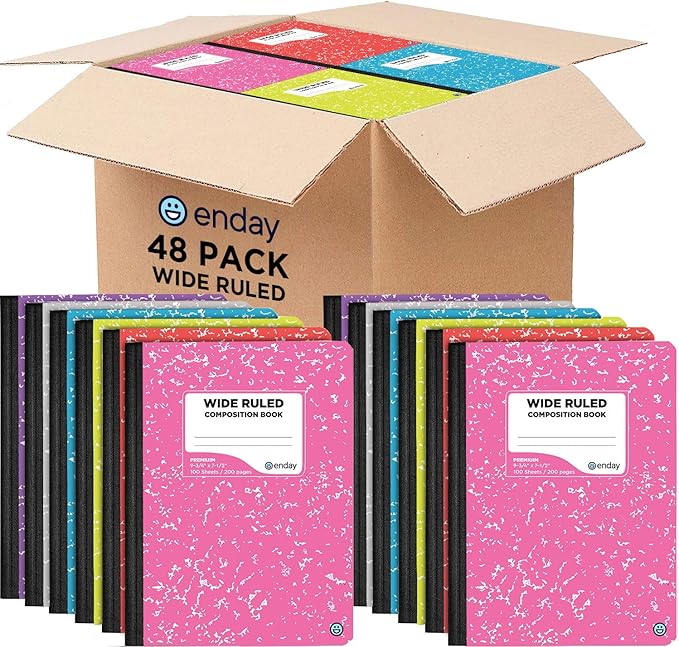 Emraw Composition Notebooks (48 Pack) Wide Ruled Paper Bulk, Hard Cover Composition Notebook, Lined Composition Books, 200 Pages (100 Sheets), Wide Ruled Notebook, (Assorted Colors)