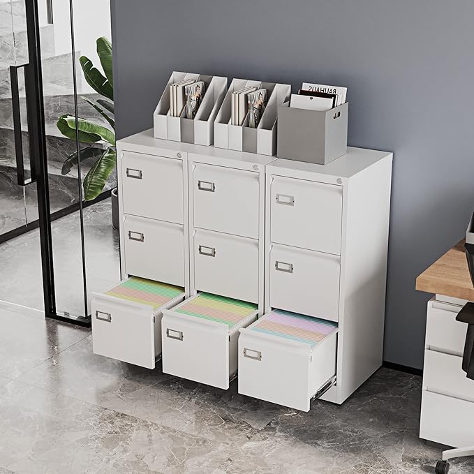 Fesbos 3 Drawers Vertical File Cabinets - 17.8" Deep Lockable Filing Cabinet - White Metal Storage Cabinets for Home Office to Hanging Files Letter/Legal/F4/A4 Size