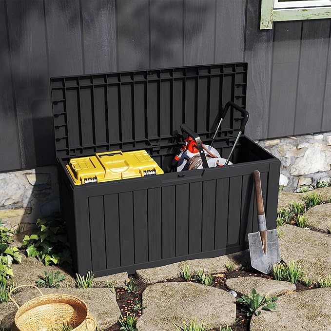 Decksplore 75 Gallon Outdoor Storage Box with Wheels, Waterproof Lockable Resin Deck Box Patio Storage Bin for Pool Accessories Cushion Furniture, Garden Tools, UV-Resistant Outside Delivery Black
