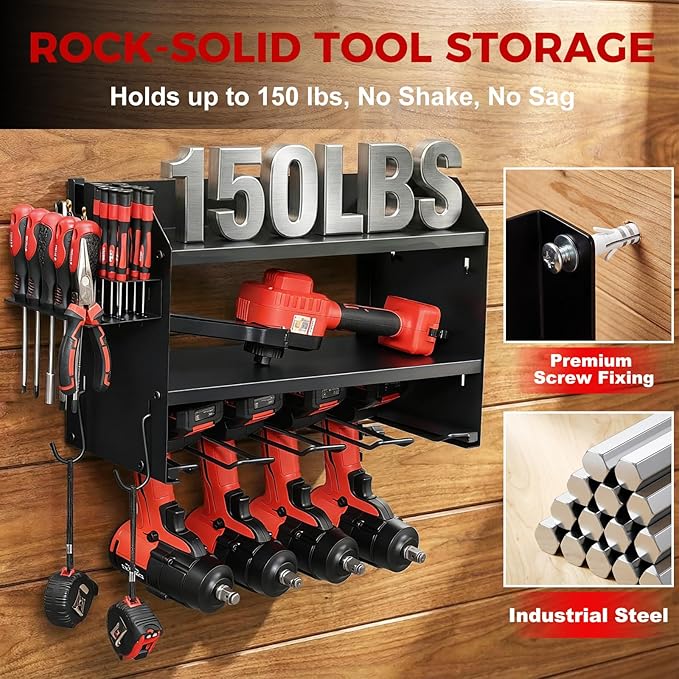 Power Tool Organizer Wall Mount with Charging Station, Heavy Duty 3 Layer Garage Tool Storage with 4 Cordless Drill Holder 8 Outlet Power Strip, Gift for Men Husband Dad Birthday Anniversary black