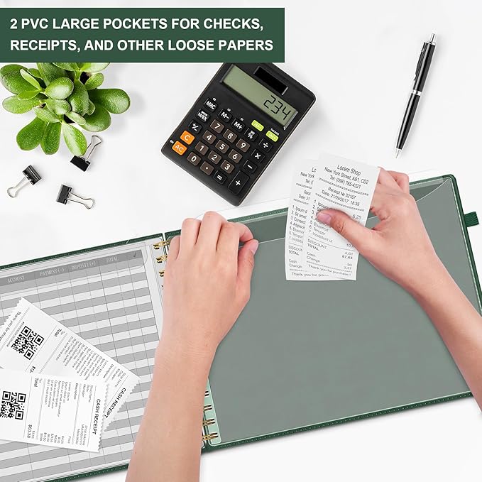 HAUTOCO Hardcover Accounting Ledger Book for Small Business Bookkeeping Horizontal Money Expense Tracker Notebook with 2 Storage Pouch, Personal Columnar Log Journal 10.78 x 8'', Dark Green