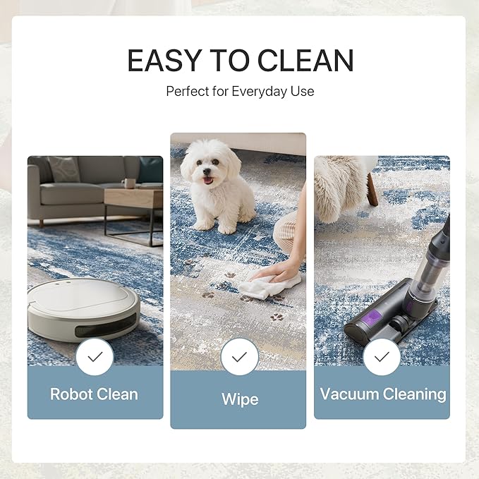 GENIMO No Crease Non Slip 8x10 Area Rugs for Living Room, Craft Woven Modern Abstract Rug, Soft Floor Carpet, Single-Piece Rugs for Bedroom, Dining Room, Office, Blue