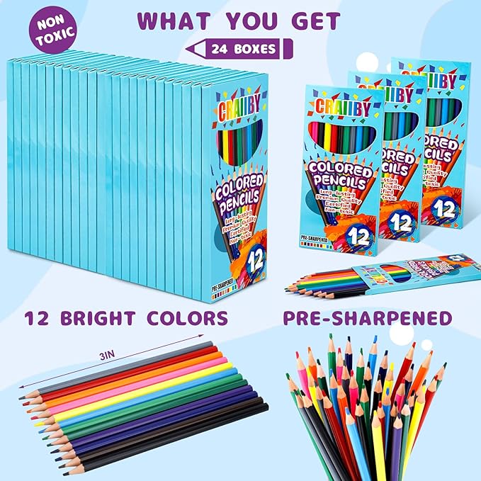Craiiby Premium Colored Pencils, Soft Core, 288 Count (Pack of 24), 12 Colors Pre-sharpened Color Pencils Bulk, Back to School Supplies, Classroom Prizes (24)