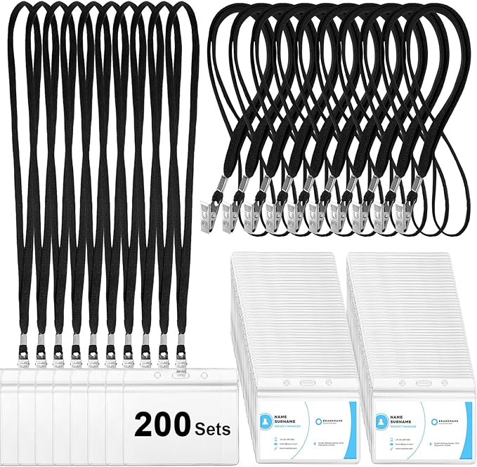 Marspark 200 Sets Clear Name Tags with Lanyard, Lanyards for ID Badges Reusable Strap with ID Holder Plastic Name Badges for Adults Business School Church Conference (Black)