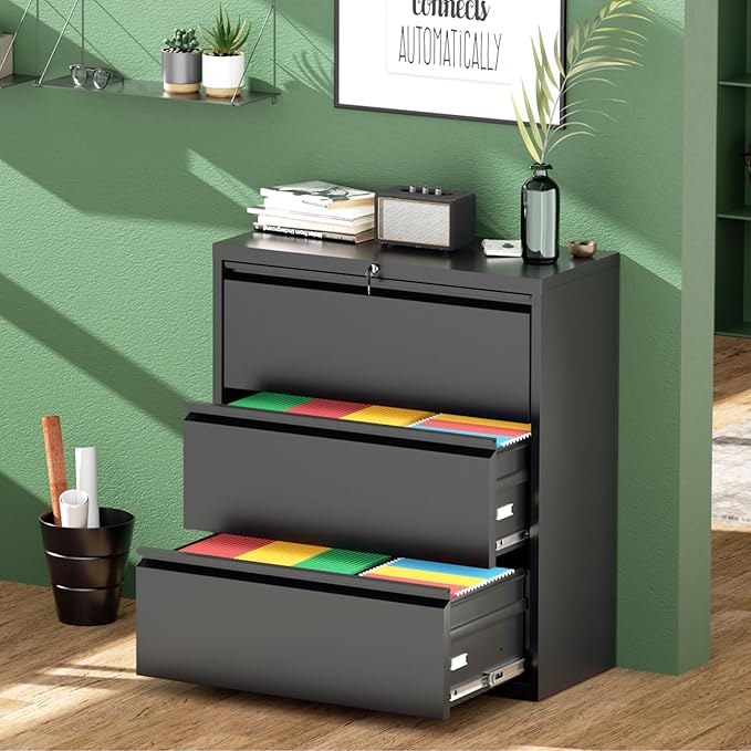 Greenvelly 3 Drawer File Cabinet, Metal Filing Cabinet with Lock, Black Lateral File Cabinet for Home Office, Locking File Cabinet for Letter/Legal/F4/A4 Size Hanging Files, Easy Assembly