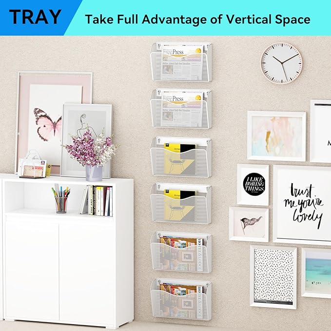 GDINDINFAN Single Pocket Wall File Holder, Mesh Hanging File Folder Paper Organizer, Vertical Wall Mounted Mail Basket, Storage Organization Magazine Rack for Office, Home and School, White