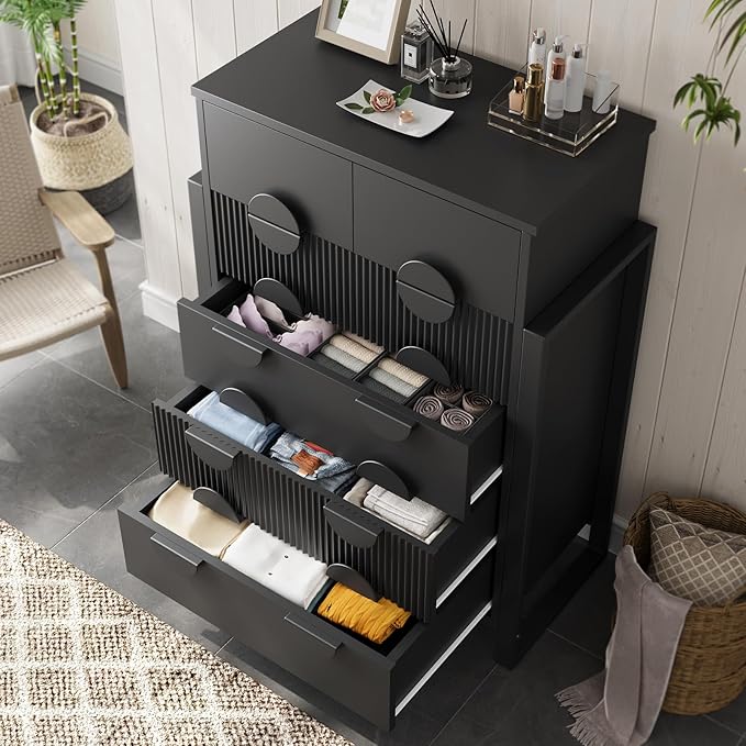 LGHM Fluted Dresser for Bedroom with 6 Drawers, Modern 6 Drawers Dressers with Semicylinder Fluted, Solid Chest of Drawers, 44.5" Tall Dresser with Stable Steel Frame, Metal Handles, Black