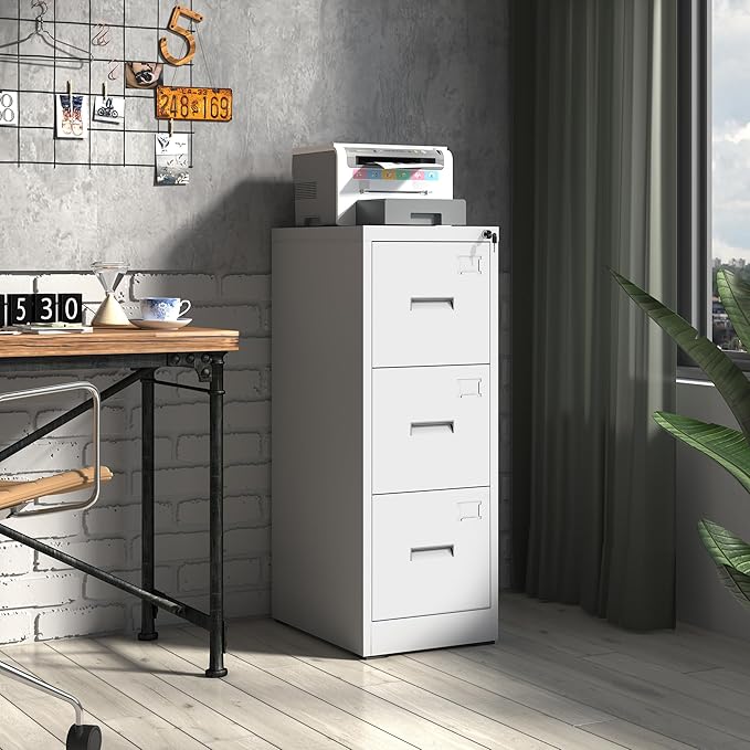 OPTYMIRA 3 Drawer Metal File Cabinet with Lock,White Steel Filing Cabinets Heavy Duty Locking Vertical File Cabinet Home Office Storage Cabinet for Legal/Letter Size File,Assembly Required
