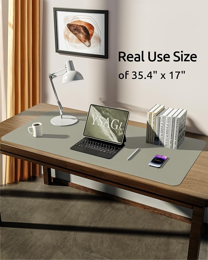 YSAGi Leather Desk Pad Protector, Office Desk Mat, Large Mouse Pad, Non-Slip PU Leather Desk Blotter, Laptop Desk Pad, Waterproof Desk Writing Pad for Office and Home (Olive Beige, 35.4" x 17")