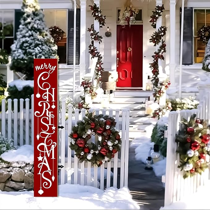 ARTUFAN Merry Christmas Red with Star porch sign Welcome for Front Door Porch Deck Patio or Wall -Indoor and Outdoor Decorative Farmhouse Rustic Vertical Porch and Yard Decor - 7.8''x47.5''