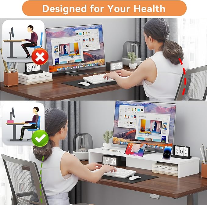 Qupui Dual Monitor Stand Riser with LED Lights and Phone Tablet Holder, 35.8in Large Monitor Stand for Desk, Computer Monitor Stand for 2 Monitors, Desktop Shelf Organizer for Laptop, Printer, TV
