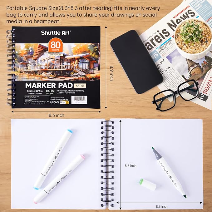 Shuttle Art Marker Pad, 8.3”x8.9” Portable Square Sketchbook, 80 Sheets Marker Drawing Paper, 110LB/180GSM Bleedproof Art Paper, Spiral-Bound, Great for Professional Artist to Draw, Paint & Sketch