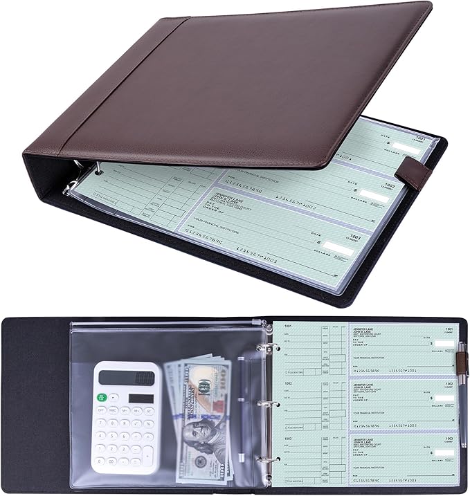 Antner 3 Ring Personal Check Binder for 3-on-a-Page End-Stub Deskbook & Personal 3 Holes or 9 Holes Small Size Checks, PU Leather Check Holder Checkbook Binder Cover with Zipper Pouch, Coffee