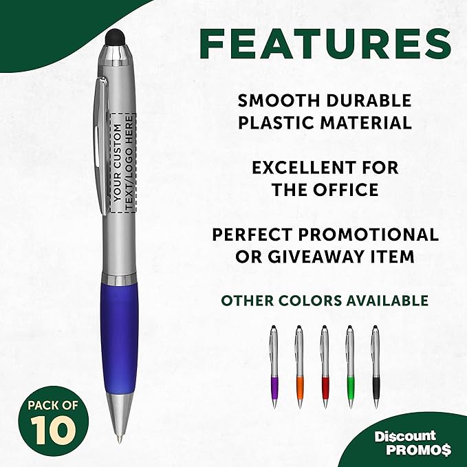 DISCOUNT PROMOS Custom Stylus Ballpoint Pens Set of 10, Personalized Bulk Pack - Black Ink, Great for Office, School, Business, Tradeshows, Events - Blue