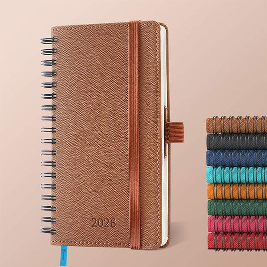 IN-LUXPRO Planner 2026 Daily Weekly and Monthly,6.5"x3.75",12 Months Spiral Bound Calendar Agenda with Self-adhesive Pen Holder,2026 Appointment Book with Vegan Leather Soft Cover,Brown