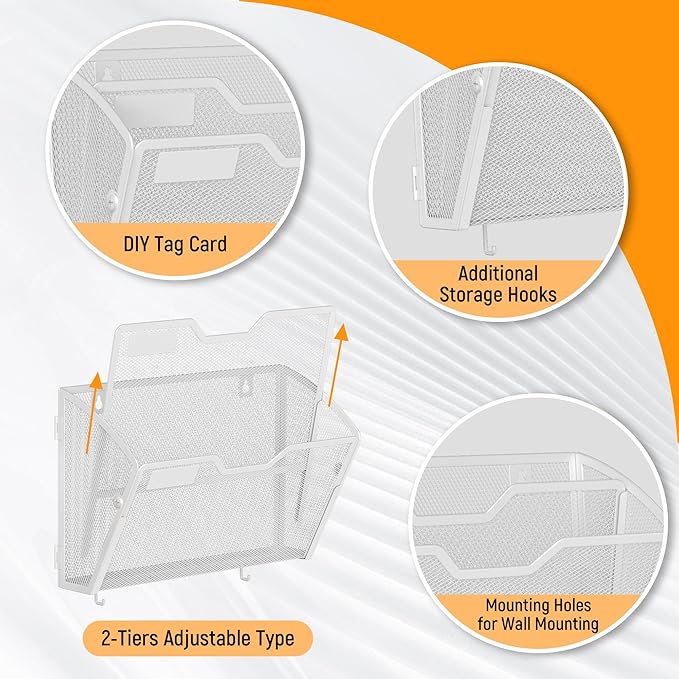 Docnest 2 Tier Mesh Wall File Holders with Hooks – 3 Pack Hanging Letter Holder - Document Organizer for Mail, Paper, Office, Home, School – Space-Saving Wall Mounted Folder Holder – White