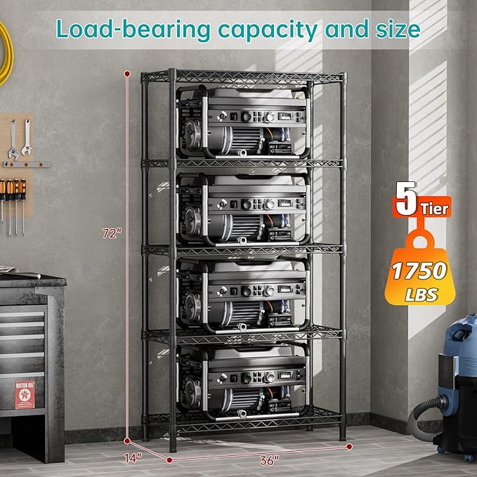 SINGAYE 5 Shelf Adjustable Heavy Duty Storage Shelving Unit 350 lbs per Shelf Steel Organizer Wire Rack Storage for Garage Office Pantry Ktichen Black 14" Dx36 Wx72 H