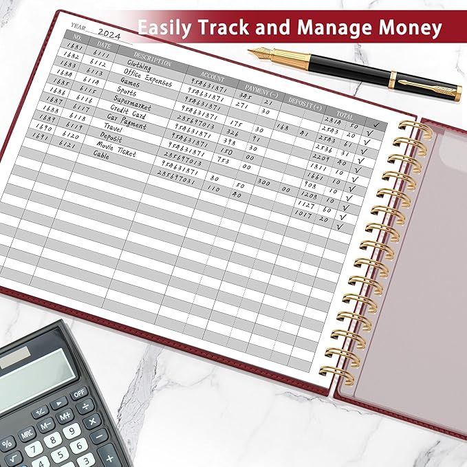 HAUTOCO Hardcover Accounting Ledger Book for Small Business Bookkeeping Horizontal Money Expense Tracker Notebook with 2 Storage Pouch, Personal Columnar Log Journal 10.78 x 8'', Cherry Red