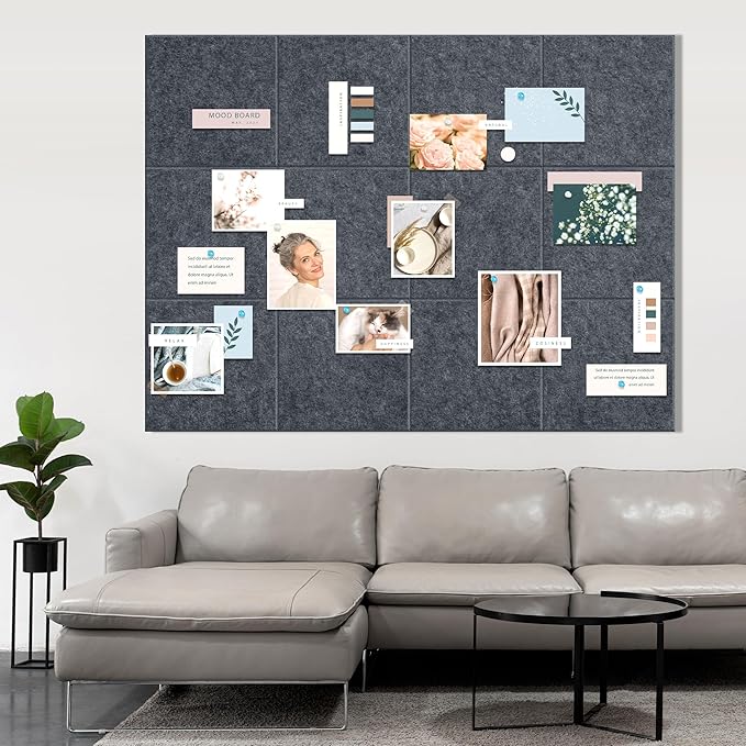 AKTOP Cork Board Bulletin Board 47"x35", 12 Pack Removable Felt Cork Board Tiles for Wall, Large Corkboard Notice Pin Board for Office, School & Home, 48 Safe Adhesive Tabs, 20 Push Pins, Dark Grey