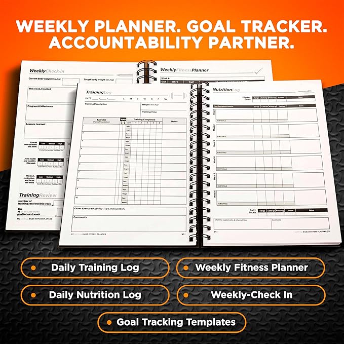 SaltWrap Daily Fitness Planner - Gym Workout Training Log, Weightlifting Exercise Journal, and Food/Diet Tracker - Daily and Weekly Pages, Goal Tracking, Spiral-Bound, 7 x 10 inches