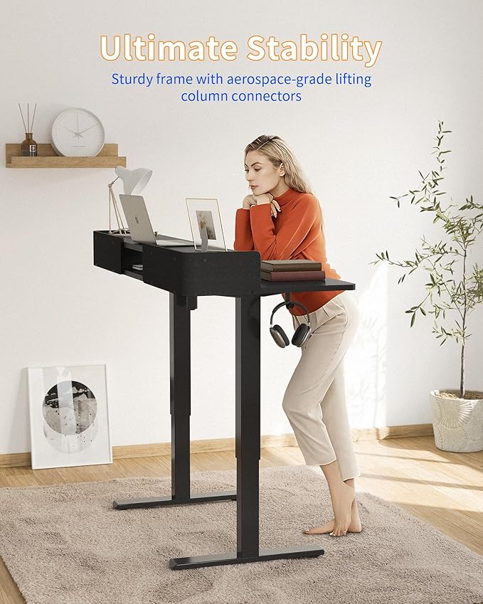 YIHAYO Electric Standing Desk with Drawers, 40 x 24 Inches Adjustable Desk with Storage Shelf, Stand Up Desk with Splice Board, Computer Desk for Home Office, Black Frame/Black Top