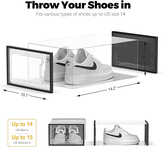 SEE SRPING XX-Large Shoe Storage Box Fit Size 14, Clear Plastic Stackable Shoe Organizer for Closet, Shoe Rack Sneaker Containers Bins Holders, Drawer Organize Unit, 12 Pack Black