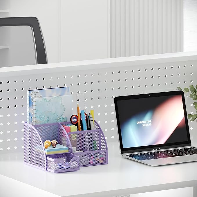 EasyPAG Mesh Desk Organizer with Drawer Multi-functional Pen Holder Stationery Organizer for Office School Supplies 6 Compartments Dorm Organizers and Storage for Desk, Light Purple