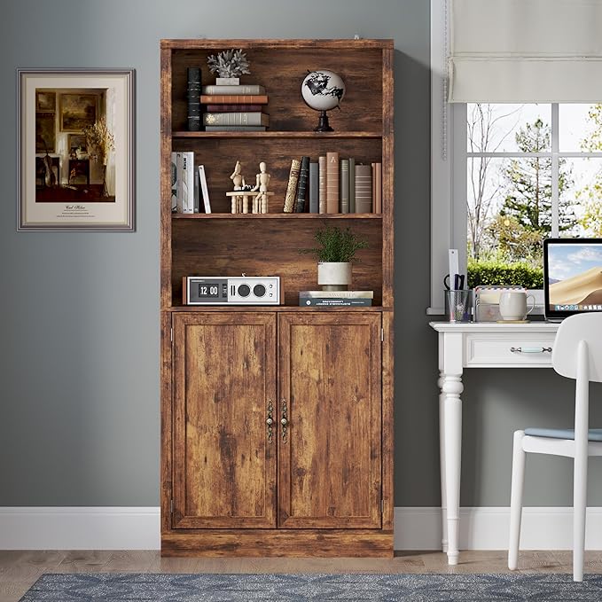 BORNOON 71.4" Tall Bookshelf with Cabinet, 5-Tier Floor Standing Bookcase with Doors & Adjustable Shelves, 31.5" Wide Storage Shelf, Metal Handles, Modern Organizer for Home Office, Living Room