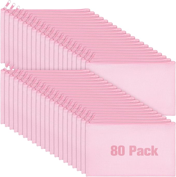 Reginary 80 Pack Canvas Zipper Makeup Bags Bulk Pencil Pouches Blank DIY Craft Canvas Cosmetic Bag Pouch with Zipper for Makeup Cosmetic Toiletry Stationary Storage(All Pink)
