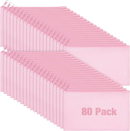 Reginary 80 Pack Canvas Zipper Makeup Bags Bulk Pencil Pouches Blank DIY Craft Canvas Cosmetic Bag Pouch with Zipper for Makeup Cosmetic Toiletry Stationary Storage(All Pink)