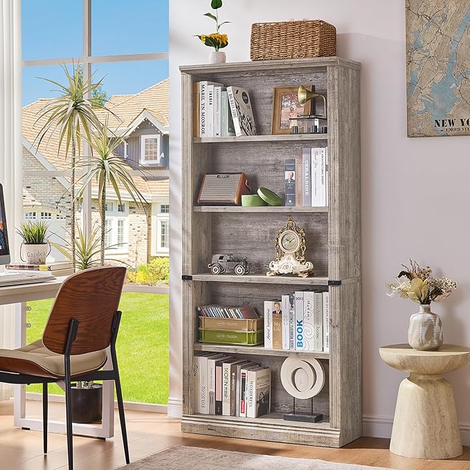RWYHG 70" Grey Tall Bookshelf Set of 4,5-Tier Thick Wooden Book Shelf with Adjustable Shelves,Free Standing Farmhouse Bookcase with Open Display Storage,Floor Vintage Bookshelves for Living Room