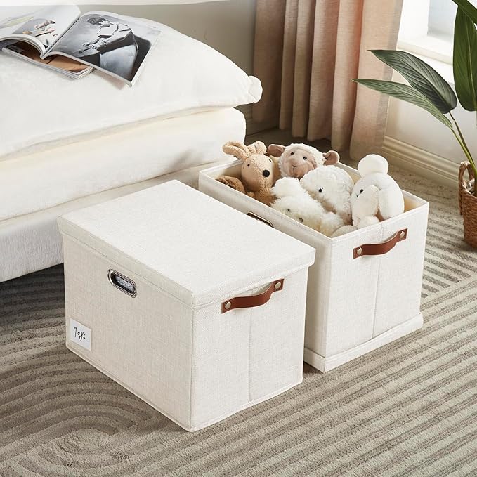 Roobyl 17" Large Collapsible Storage Bins with Lids, Stackable Closet Organizers with PU Handle and Labels, 3-Pack Decorative Fabric Storage Boxes for Home, Bedroom, Closet, Office, Nursery(White)