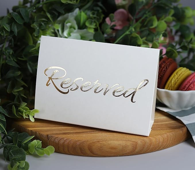 20 Pack Modern White Reserved Table Sign with Gold Letters - Reserved Signs For Wedding - Wedding Accessories - Tent Signs For Reserving Seats & Places - Place Cards for Party, Event