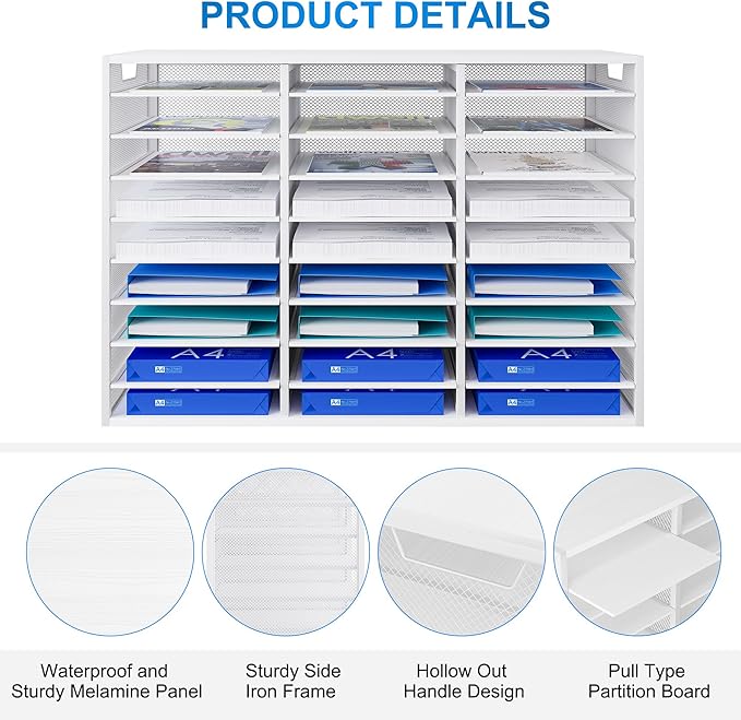 PAG-Mass Mail Sorter Adjustable Countertop Mail Holder, Heavy Duty Literature Organizer, Student Mailbox for Classroom, Desktop Bill Paper Organizer for Office Home School, 27 Compartments, White